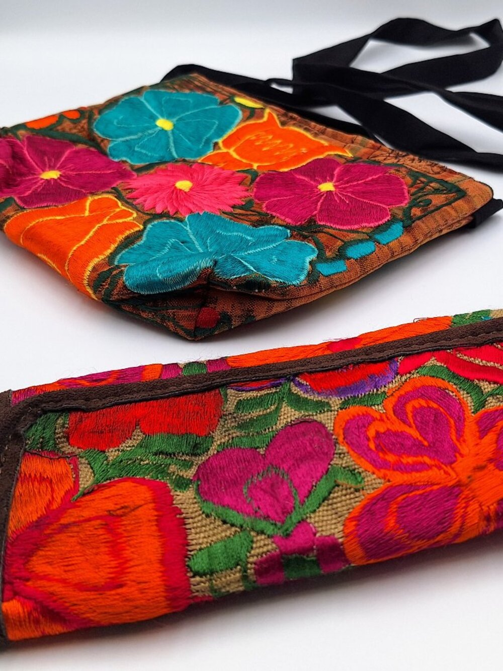Guatemalan Hand Embroidered Crossbody Purse and Matching Wallet Floral Colorful